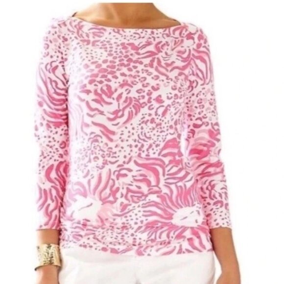 LILLY PULITZER ANDIE Top Back it Up Ostrich T Shirt White/Pink Medium A001263 - Picture 1 of 7